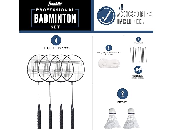 Franklin Sports Badminton Set - Backyard Badminton Net Set - Rackets and Birdies Included - Backyard or Beach Badminton Set - Professional Set, White (52633)