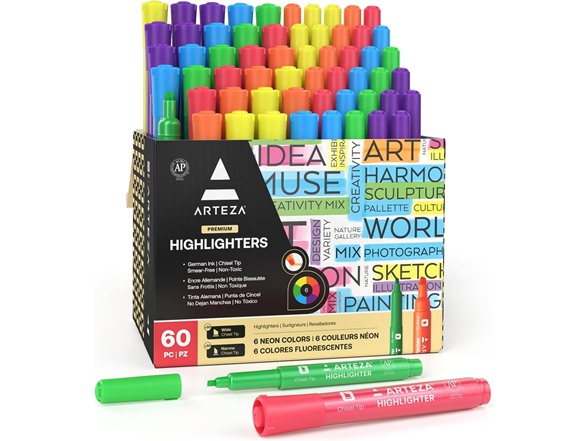 ARTEZA Highlighters Assorted Colors, 60-ct