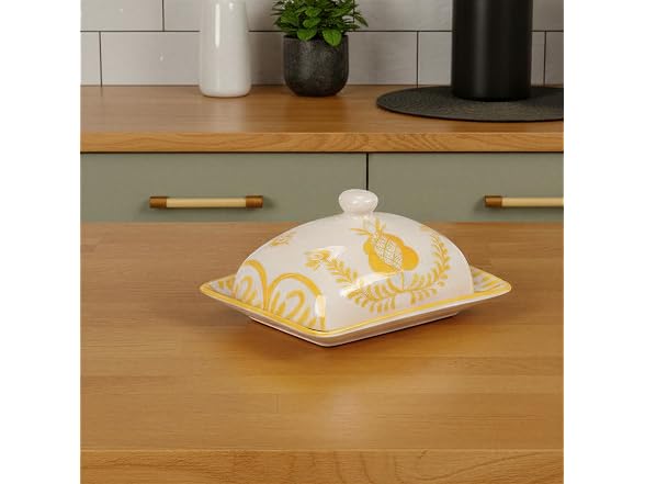Creative Co-Op Stoneware Butter Dish with Botanical Design, Yellow and White
