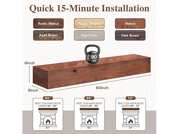 Eshoma Fireplace Mantel Shelf 60 Inches - Handcrafted Wood M (Open Box)