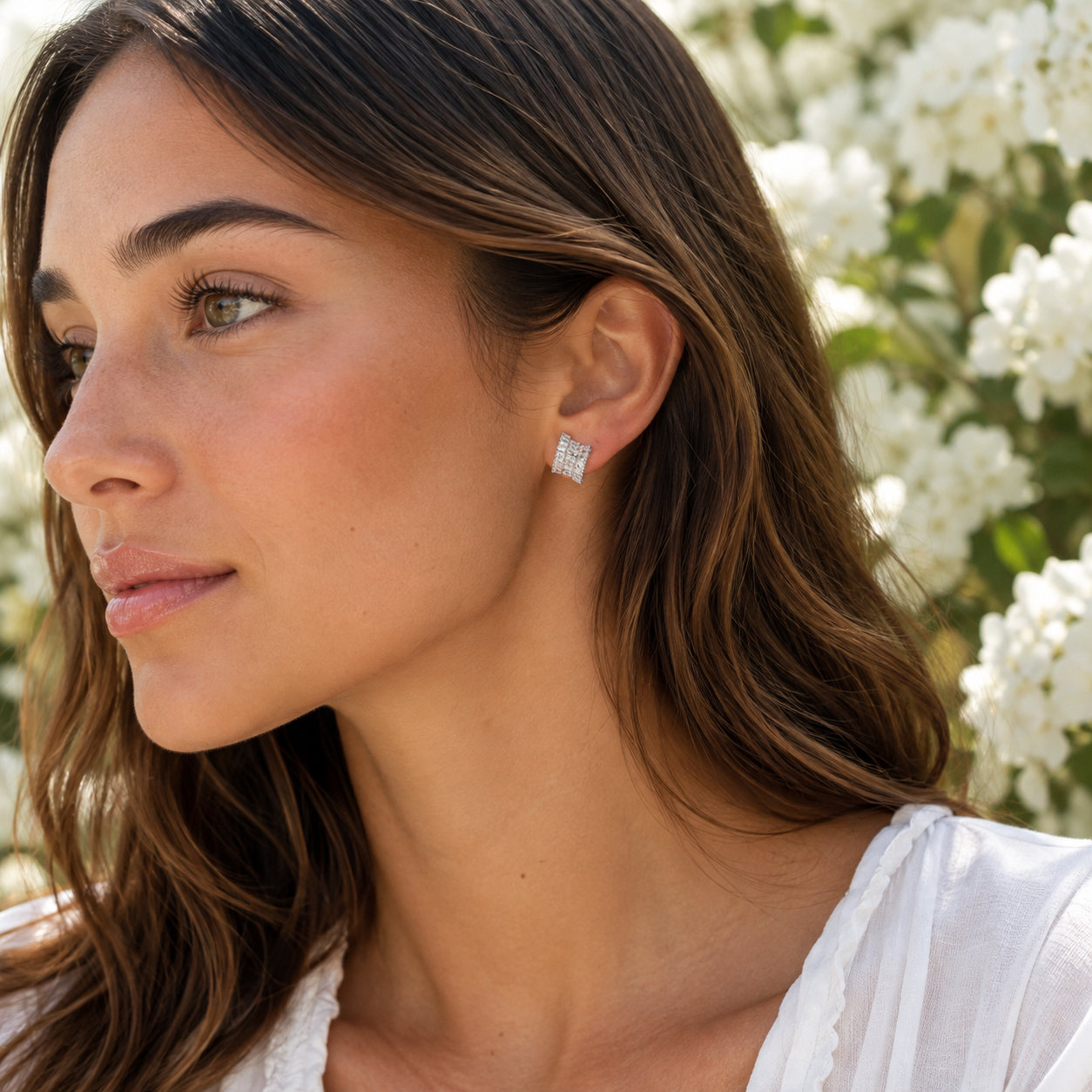 Silver Geometric CZ Stud Earrings - Gallery 7