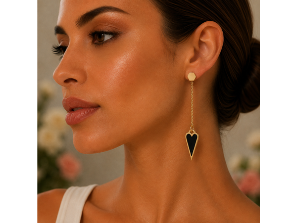 18K Gold Black Heart Drop Earrings