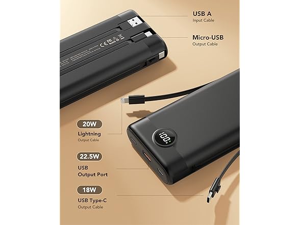 VEEKTOMX 30,000mAh Power Bank with Built-in Cables