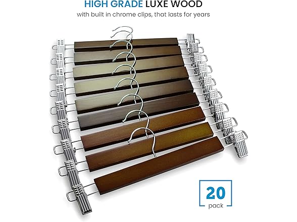 Zober Wooden Pant Hangers w/Clips 20Pk
