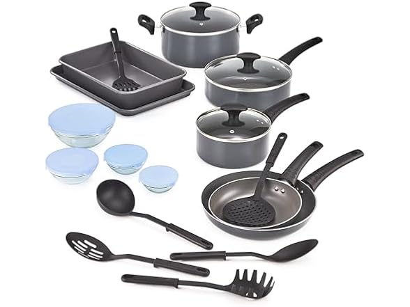 BELLA Nonstick Cookware Set w Glass Lids - Aluminum