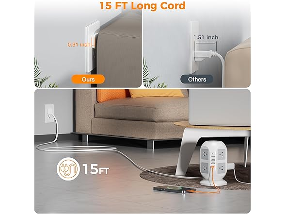 TESSAN 15ft Cord Power Tower (8 Outlets, 1 USB-C, 3 USB-A)