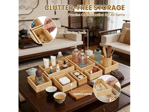 Takywep Expandable Wooden Drawer Organizer Set – 8 Pack