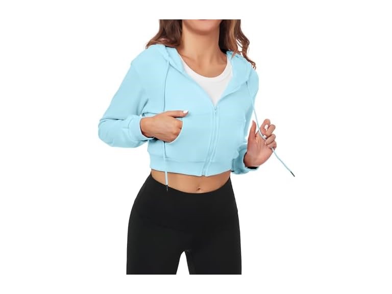 FKEEP Cropped Zip Up Hoodie Women Jacket Top Sweatshirt Casual Basic Gym Workout Sport Blue a