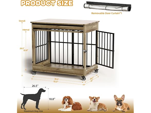 32" Dog Crate Furniture, Double Door Wooden Indoor Dog Kennel Furniture