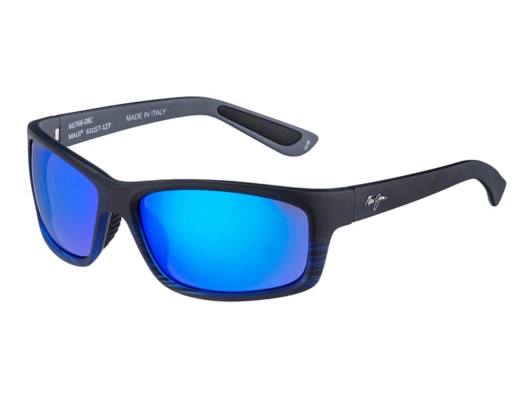 Maui Jim Unisex Kanaio Coast Polarized Wrap Sunglasses, Matte Trans. Blue Black Stripe/Blue Hawaii, Medium