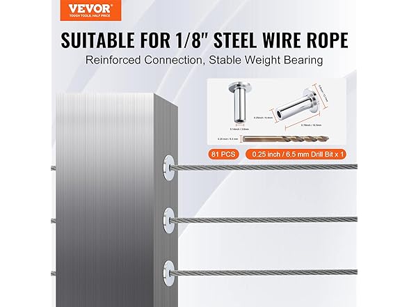 VEVOR 81 Pack T316 Stainless Steel Protector Sleeves for 1/8" Wire Rop