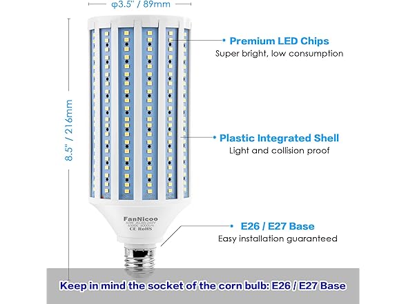 FanNicoo E26 LED Corn Light Bulb 500W Equivalent 60W
