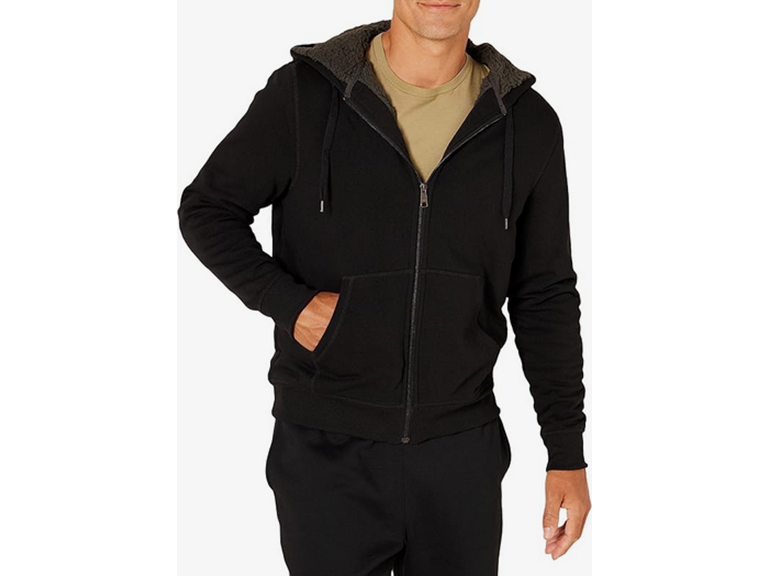 Amazon Essentials Hoodie For Men, Sherpa-Lined Full-Zip Fleece Sweatshirt, Large, Black