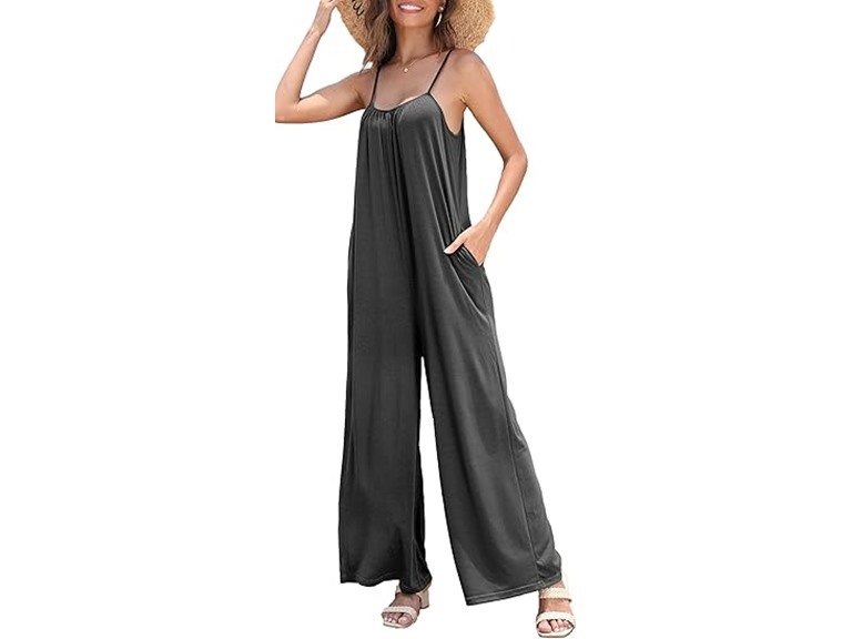 FKEEP Women's Loose V Neck Sleeveless Jumpsuits Adjustable Spaghetti Strap Romper Casual Wide Legs Pants with Pockets(A-Gray,3X-Large)