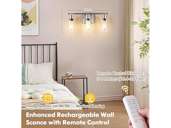 Battery Operated Wall Sconce, 3-Light Dimmable Light
