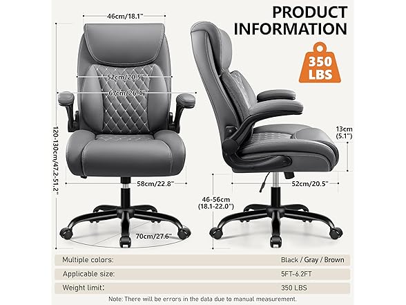 BESTFAIR Office Chair, Executive Computer Desk Chair with Lumbar Support for Lower Back Pain Relief, Ergonomic Leather Home Chair Comfy with Padded Flip-up Arms and Adjustable Armrests, Gray (Open Box)