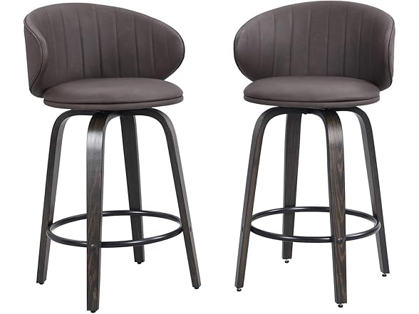 Modern Bar Stools Set of 2 Mid Century Bentwood Barstools Swivel Faux Leather Stools with Back for Kitchen Counter Restaurant, Brown (Open Box)
