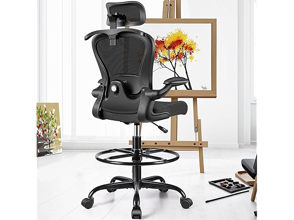 Drafting Chair, Tall Office Chair with 3D Lumbar & Head Support, Ergonomic Mesh Standing Desk Chair with Footring, Comfy Extended High Desk Chair with Flip-Up Arms & Hanger,Black (Open Box)
