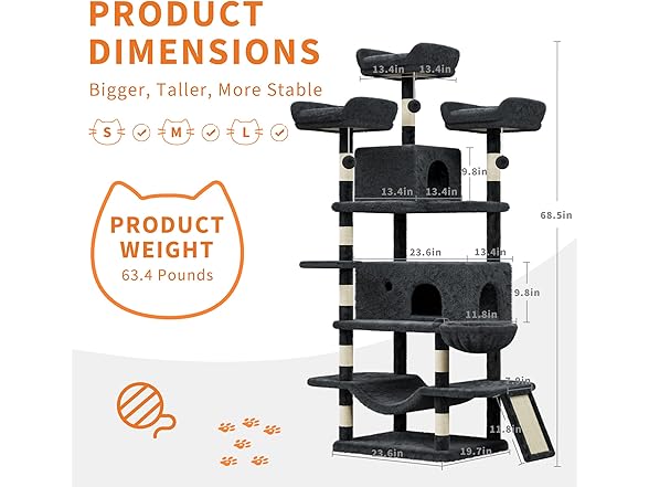 68.5 in Multi-Level Cat Tree for Indoor Cats Dark-Grey