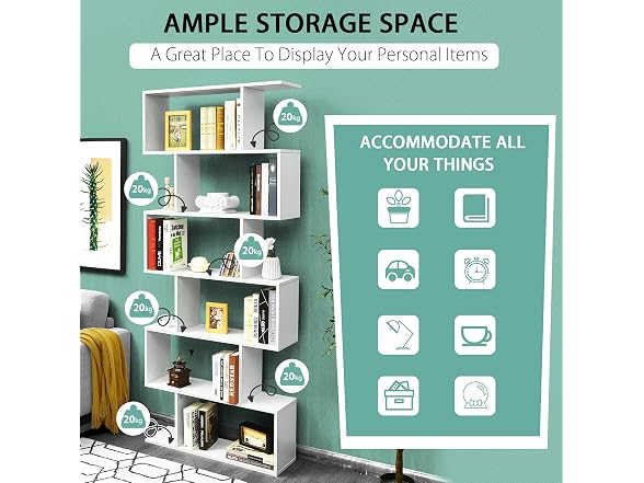 BETTARY 6-Tier S-Shaped Bookshelf White