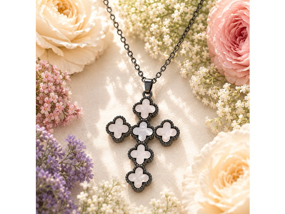Black And White Clover Cross Pendant