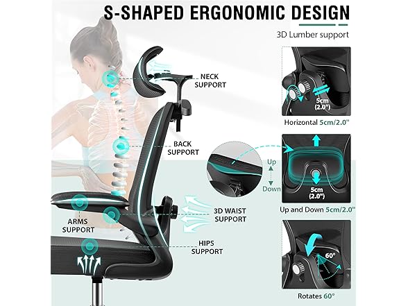 Drafting Chair, Tall Office Chair with 3D Lumbar & Head Support, Ergonomic Mesh Standing Desk Chair with Footring, Comfy Extended High Desk Chair with Flip-Up Arms & Hanger,Black (Open Box)