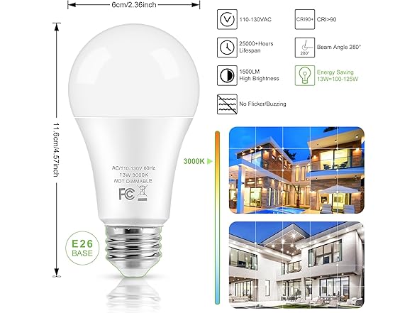 Brightever LED Light Bulbs, 100 Watt Equivalent A19 LED Bulbs