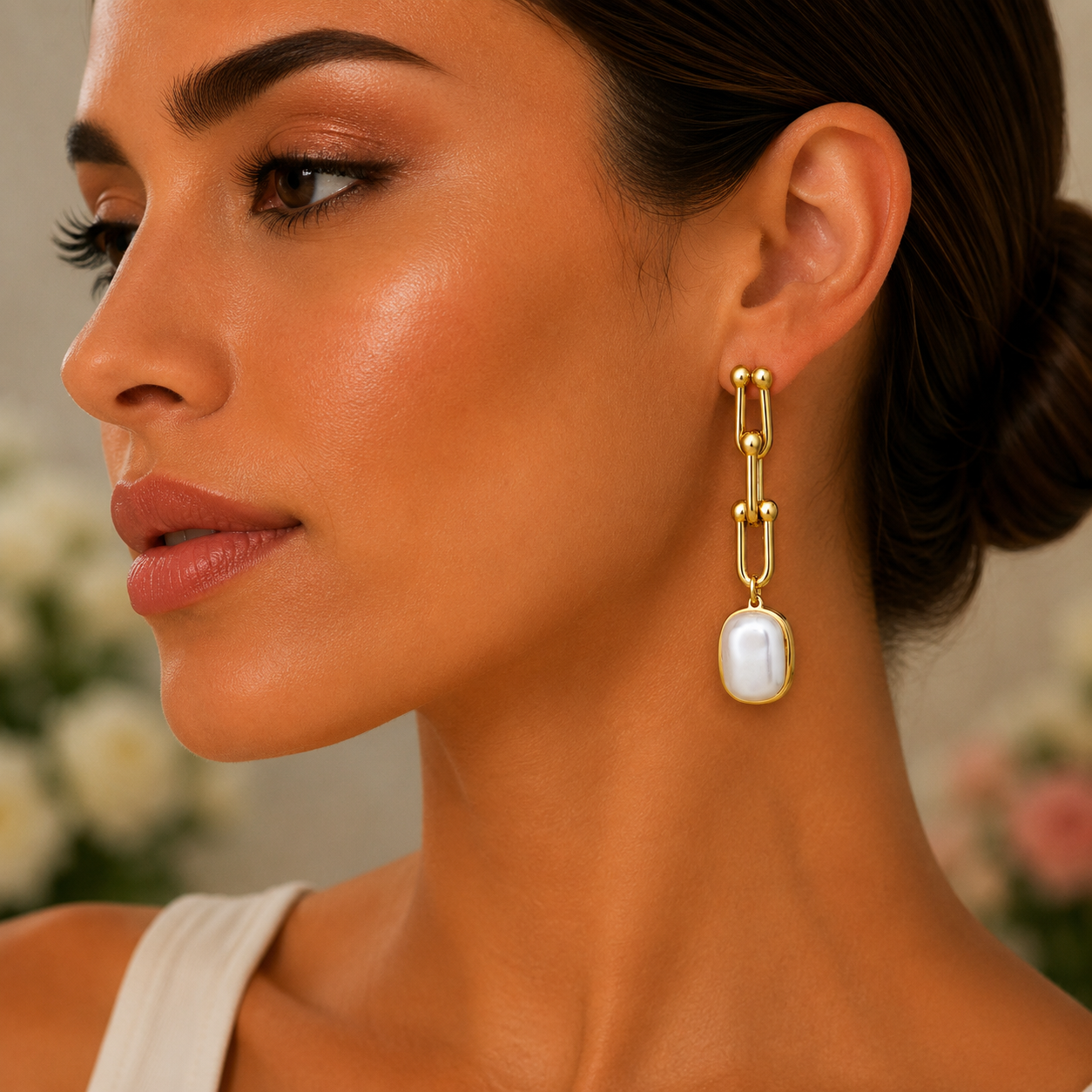 18K Gold Pearl Link Drop Earrings - Gallery 6