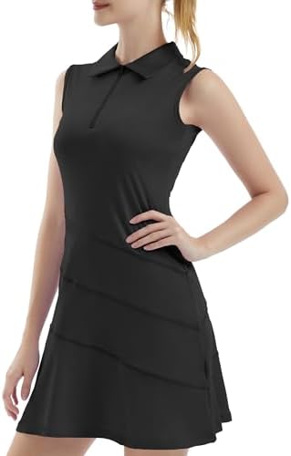 FKEEP Women's Tennis Golf Dresses Zipper V-Neck Sport Activewear with Shorts and Pocket Workout Athletic (Black, L)