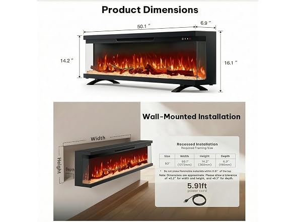 Silonn 3-Sided Smart 50" Electric Fireplace