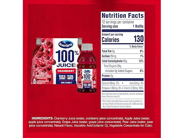 6PK Ocean Spray 100% Juice, Cranberry Juice