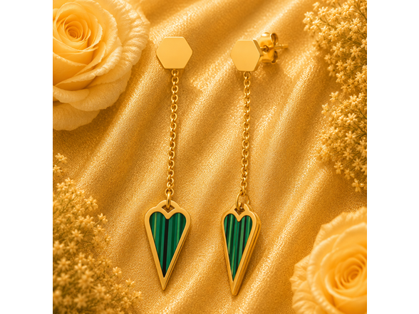 18K Gold Green Heart Drop Earrings