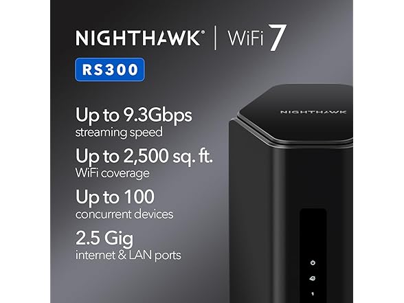 NETGEAR RS300-100NAR Nighthawk RS300 Tri-Band WiFi 7 Router, Wireless Speed Up to 9.3 Gbps, Covers Up to 2500 Sq. Ft., Black - Certified Refurbished (Open Box)