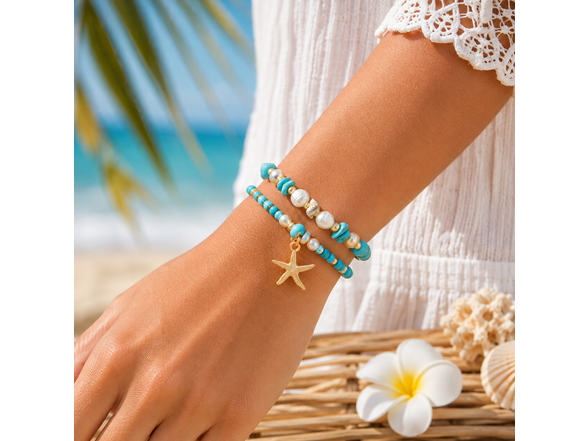 Stretch Beaded Bracelet Stack with Starfish Charm