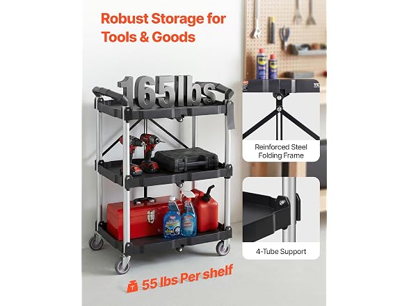 Foldable Utility Service Cart, 3 Shelf 165LBS