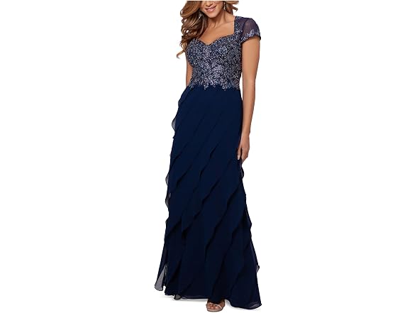 Xscape Women (14) Long Cap Sleeve Tiered Appliques