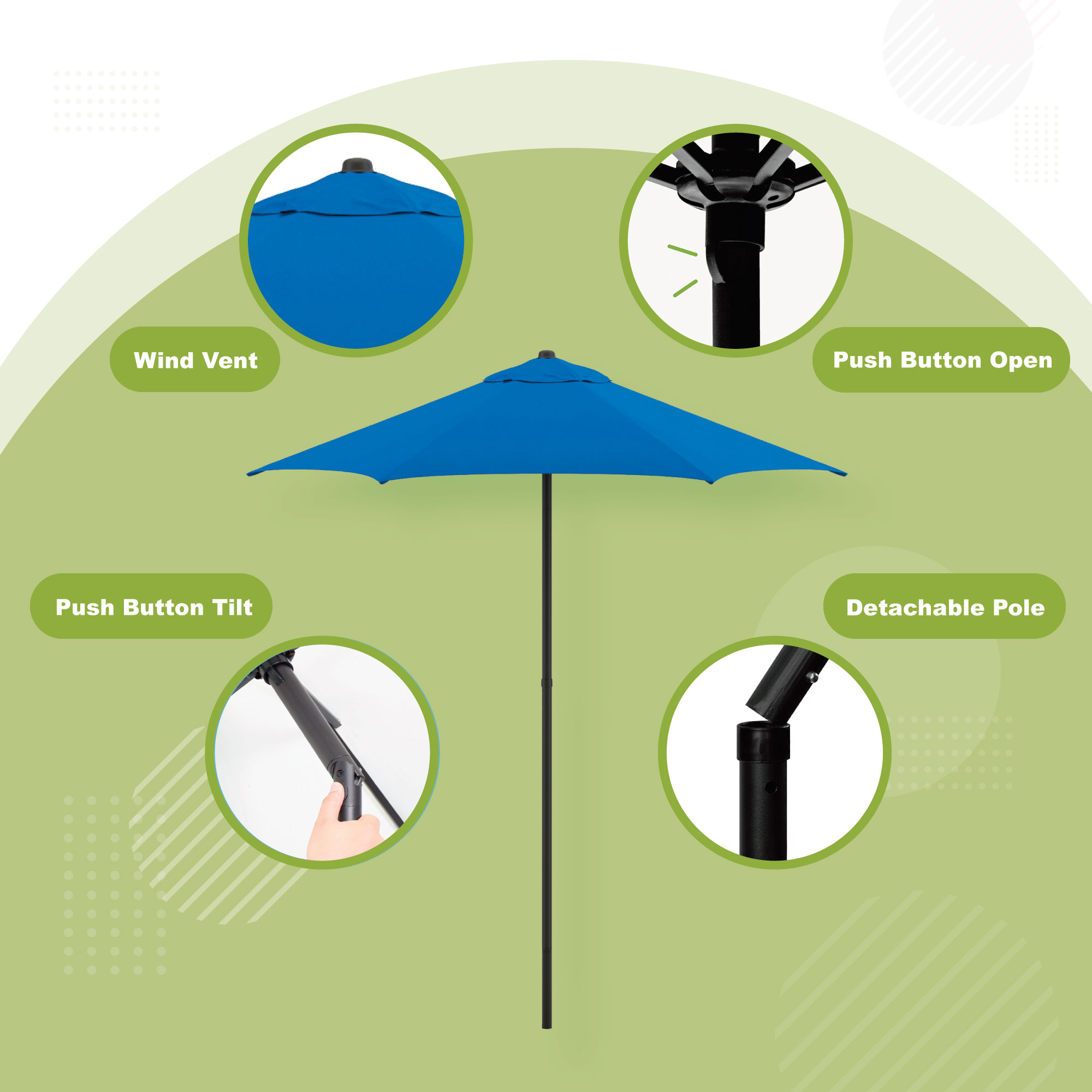 Astella 7.5' Steel Blue Push-button Tilt Patio Umbrella - Gallery 25