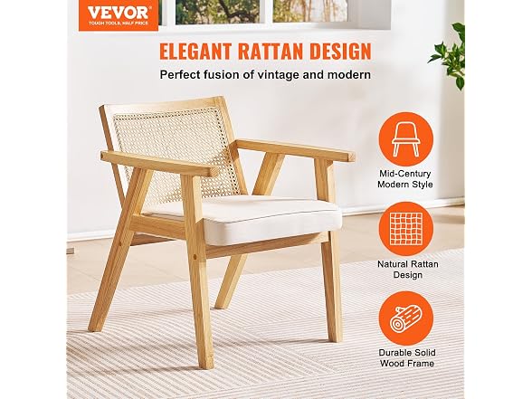 Mid Century Modern Rattan Chair, Upholstered