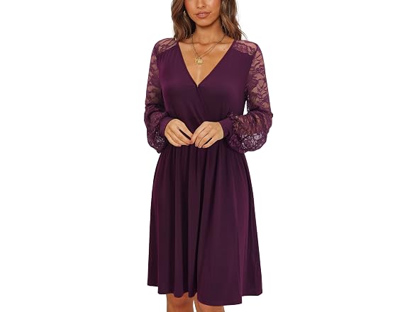 Ouges Women (XL) Dress Lace Long Sleeve Midi Dress