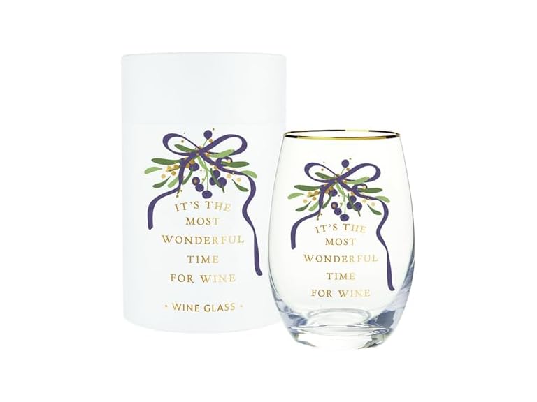 Stemless Christmas Wine Glass with Gold Foil, 17-Ounce