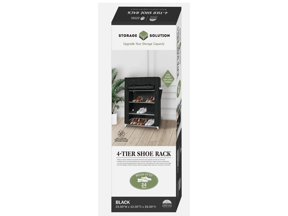 J&V Textiles 682-BK 4 Tier Shoe Rack with Side Pocket