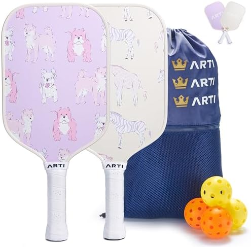 Fiberglass Pickleball Paddles Set of 2 with Polypropylene Honeycomb-Reinforced Core Fiberglass Design Lightweight Pickle Ball Paddle for Beginners Rackets with 4 Balls for Adult and Teenager-Dog&Zebra