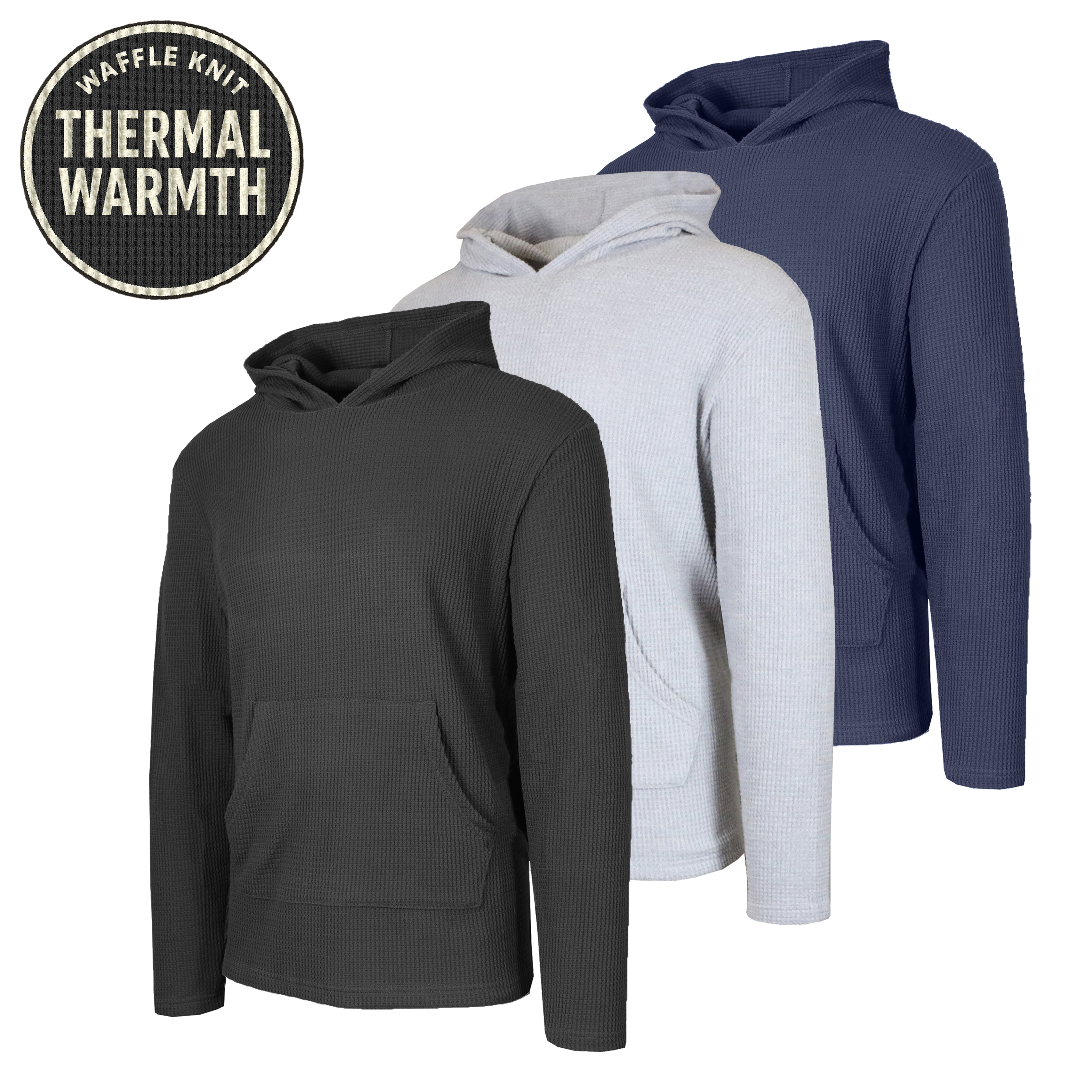 3Pk Mens Waffle-Knit Thermal Pullover Hoodie - Gallery 11