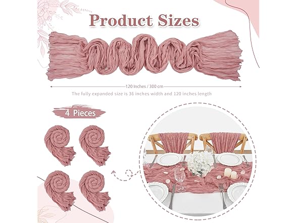 Cheesecloth Table Runner 4 Packs 36x120 Inches Dusty Rose