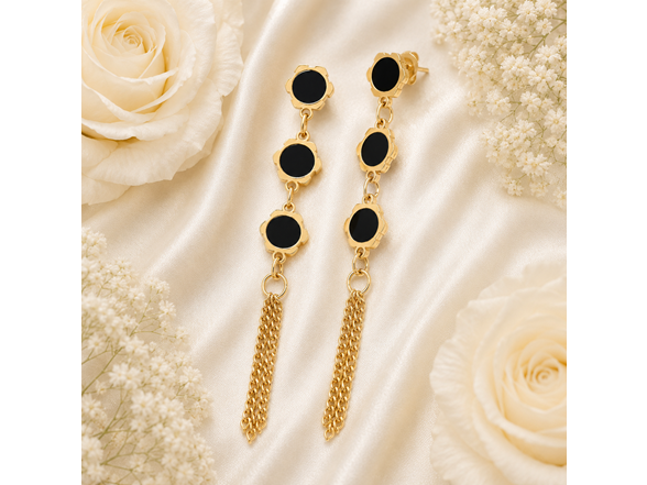 18K Gold Black Stone Tassel Earrings