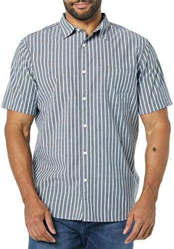 Amazon Essentials Men's Slim-Fit Short-Sleeve Poplin Shirt, Navy White Stripe, Large