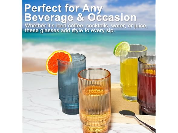 LUMINELLE Ribbed Drinking Glasses -15 oz Glass Set Of 4