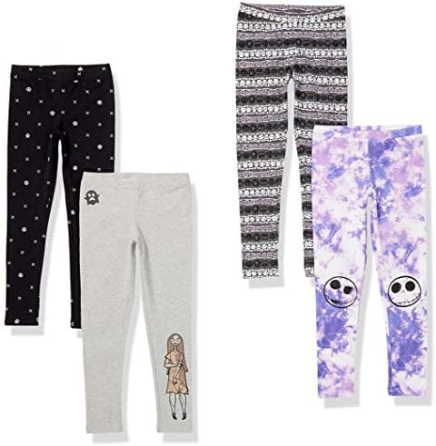 Amazon Essentials Disney | Marvel | Star Wars | Frozen | Princess Girls' Leggings, Pack of 4, Black/Grey/Purple, Nightmare Sally, XX-Large
