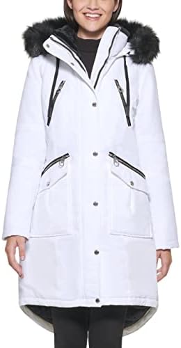 GUESS Women's Long Anorak Coat, White, Large