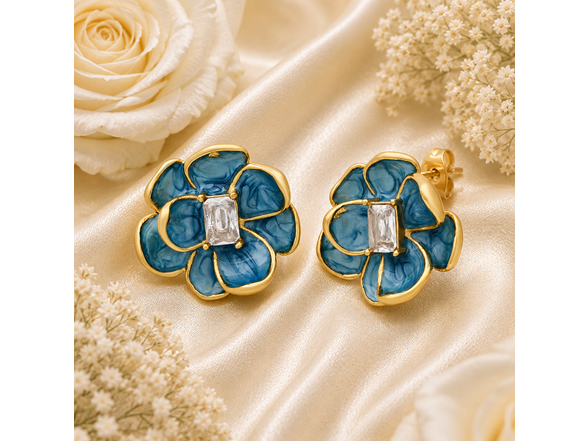 18K Gold Blue Floral Crystal Studs